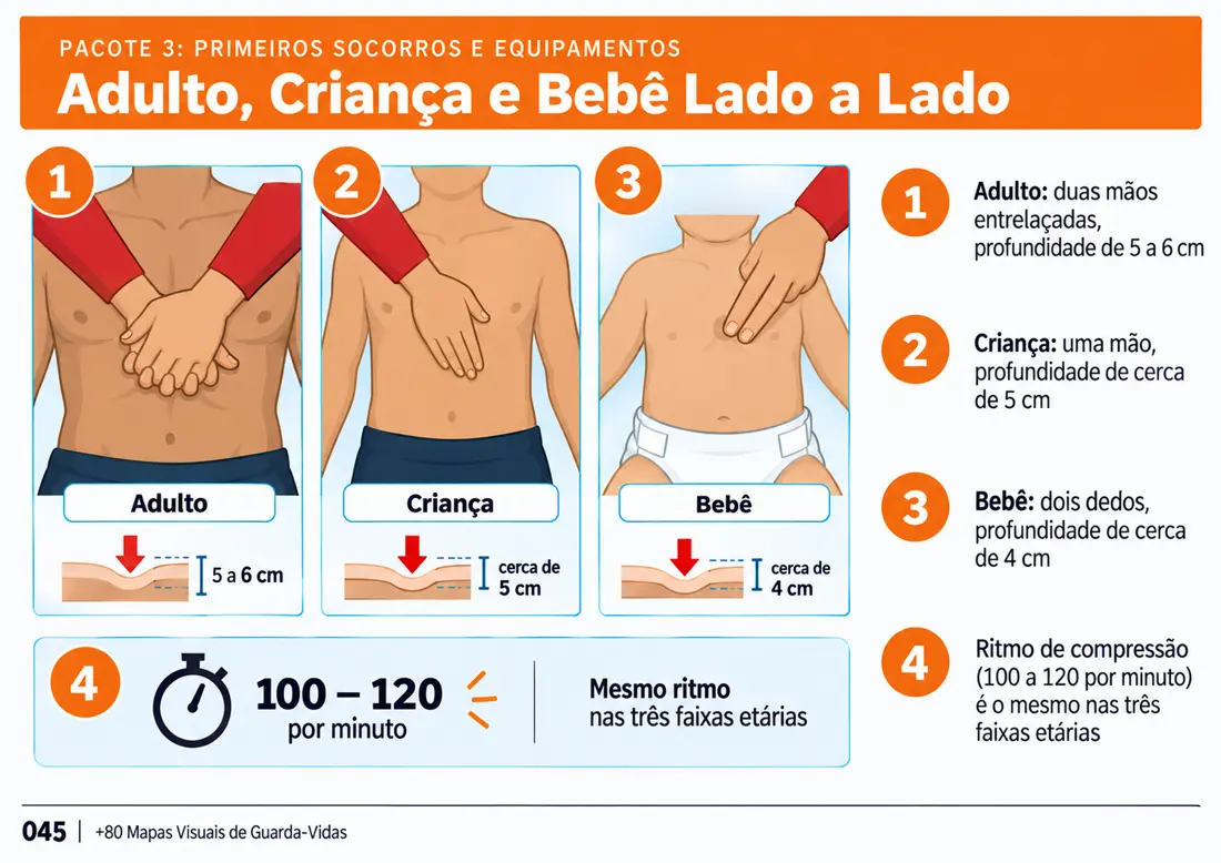 Mapa 045: RCP em Adulto, Criança e Bebê Lado a Lado